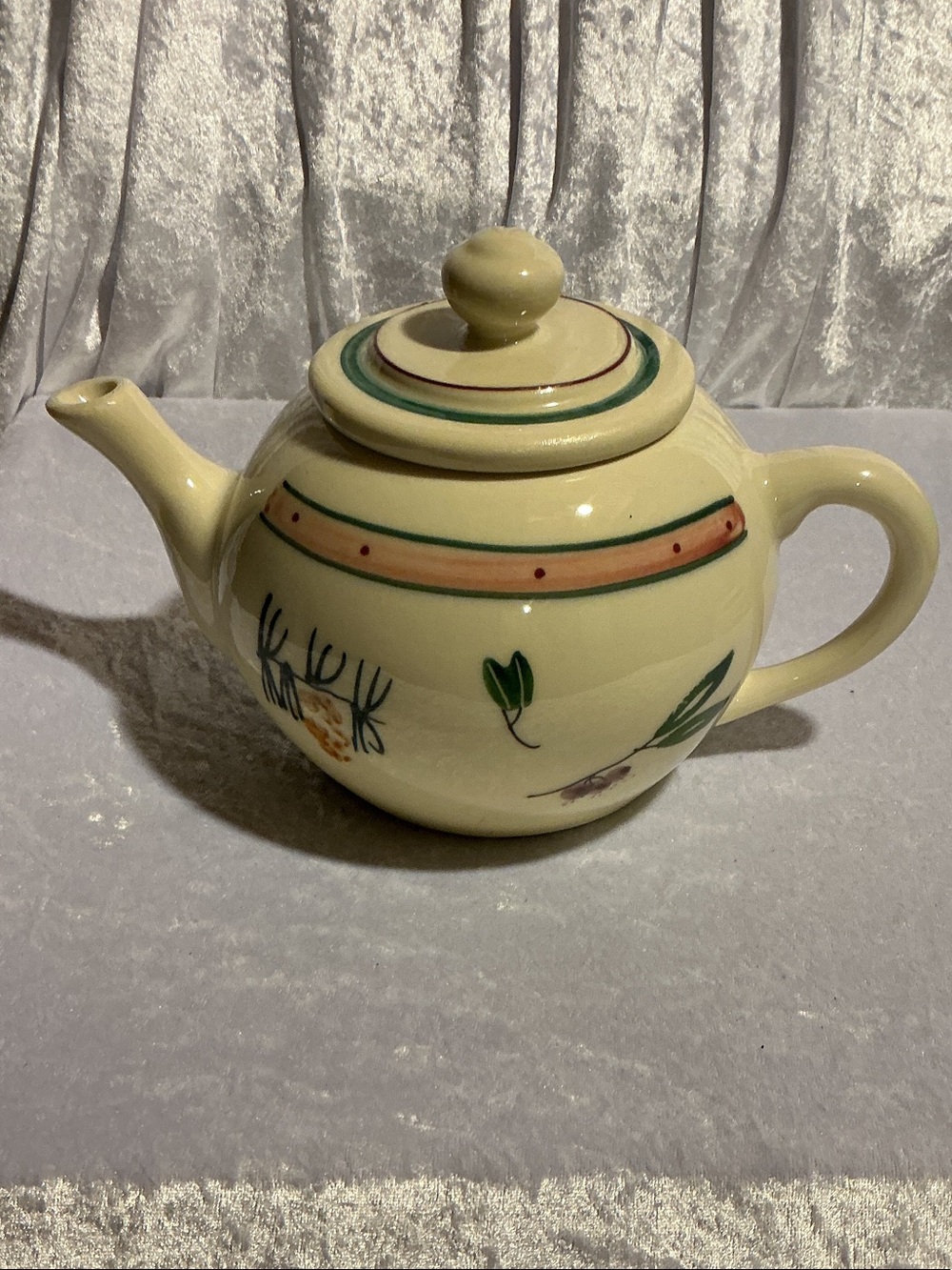 Hand-Painted Cream Ceramic Teapot with Green & Peach Accents
